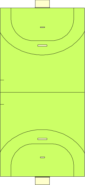 The image shows a basketball court with two hoops on opposite sides of it; there is no action taking place as this appears to be an inanimate depiction rather than capturing motion.