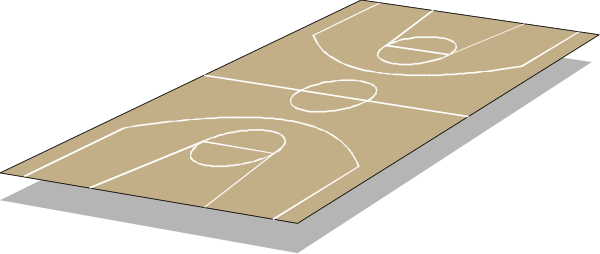 The image shows a black and white illustration of two basketball courts with lines drawn on them to represent free throw lanes, placed next to each other in an indoor gymnasium environment.