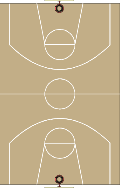 The image shows a basketball court with three hoops on it: two at each end of the floor for shooting baskets (goals) and one in between as part of free throw lane markings; there is also an arc that represents foul line, which separates the field from out-of-bounds area.