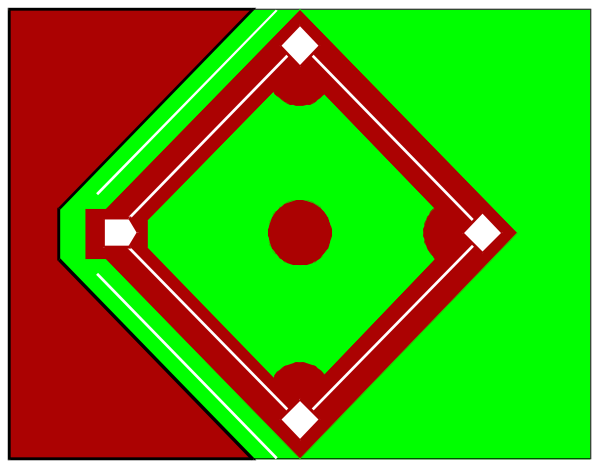 The image shows a red diamond shape with white lines forming an abstract pattern within it on top of another square that has green dots in its corners against a gray background.