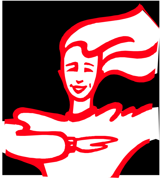 The image shows a cartoon of an animated woman with blonde hair blowing to her right side against a black background; she is smiling broadly at something off-frame while holding up one hand as if waving, and there's no text present in this clip art style illustration.