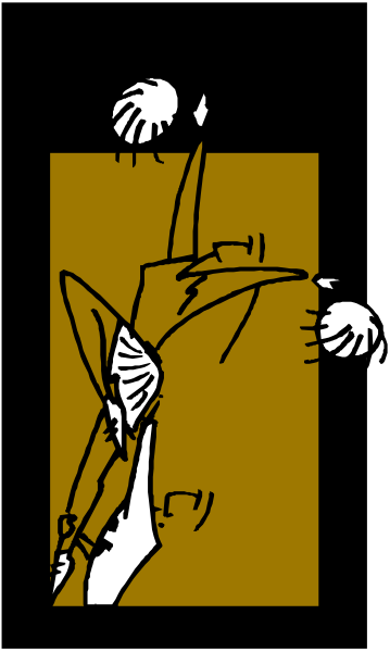 The image shows a black and white illustration of an abstract figure with multiple arms reaching out from its body towards various directions within what appears to be a square frame on a wall.