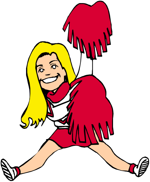 The cartoon depicts a cheerleader with blonde hair wearing red pom poms on her hands while jumping up in excitement.