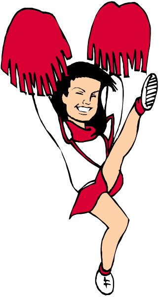 The image shows a cheerleader holding pom poms with her right hand raised above her head while standing on what appears to be one leg in mid-air against a black background.