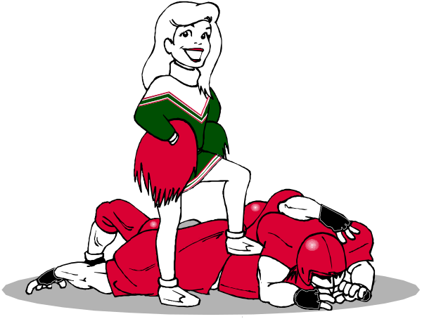 The image shows a cartoon of two cheerleaders sitting on top of football players who appear to be injured; both teams have their respective mascots standing behind them with one hand resting on each player's shoulder, and there is an audience in stands watching this scene unfold from above the action.