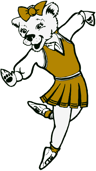 The image shows a cartoon of an animated bear wearing a cheerleader uniform with pom poms on its ears while performing a split in mid-air against a black background.