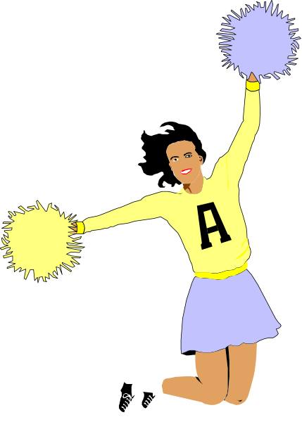 The illustration shows a cheerleader with pom poms celebrating an achievement by holding up her arms high above her head in victory pose.