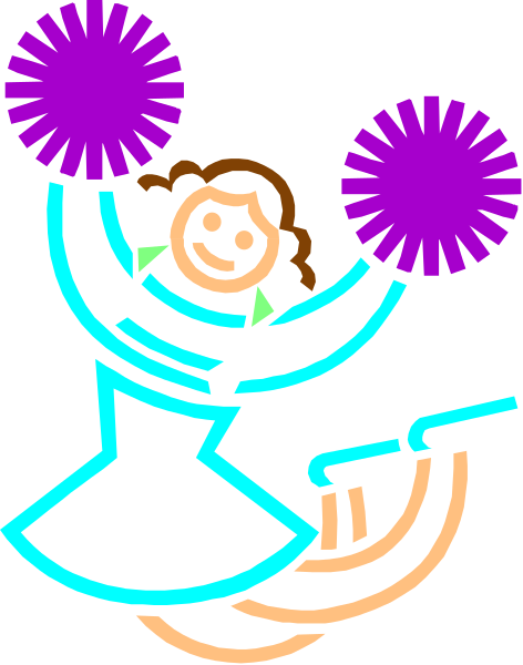 The image shows a cartoon of an animated cheerleader with pom poms performing stunts on what appears to be gymnastic rings in front of a purple background.