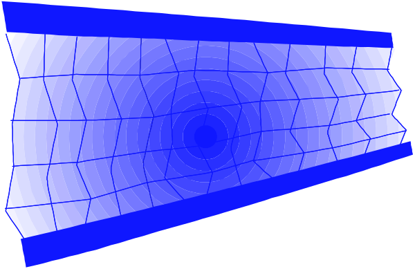 The image shows a blue wireframe model of an object that resembles a broken window with jagged edges against a dark background.