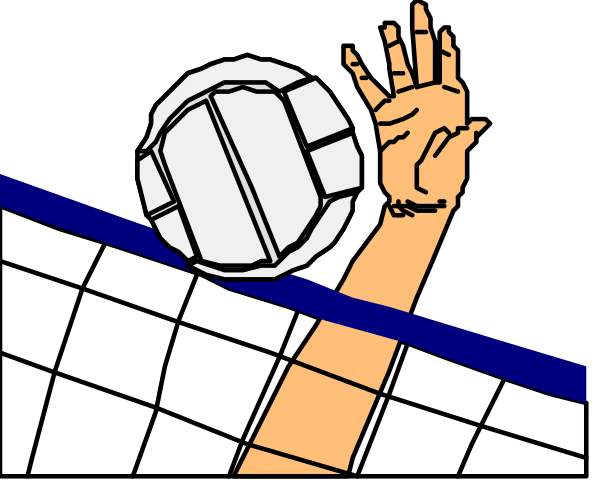 The image shows a volleyball player serving with their arm extended over an outstretched hand holding up two fingers to represent "two."