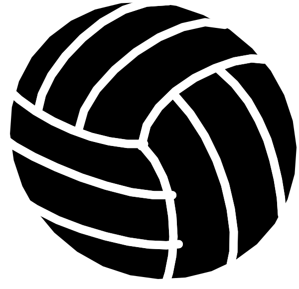 The black and white logo of a volleyball with lines indicating its shape is shown against a dark background.
