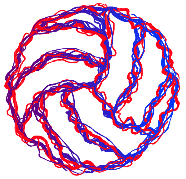 The image shows two circular graphics with red lines forming a pattern that resembles an abstract representation of volleyball nets on either side; one graphic is in black-and-white while the other has color variations, including blue and white stripes around each circle's perimeter.