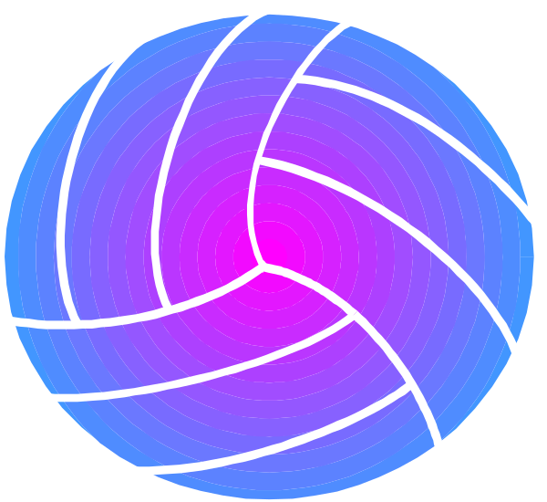 The image shows a stylized volleyball with lines indicating its structure against a purple background on top of two smaller images that resemble basketballs but have been altered to look like soccer balls due to their circular shape and white stripes, set in an abstract space without any discernible setting or objects.