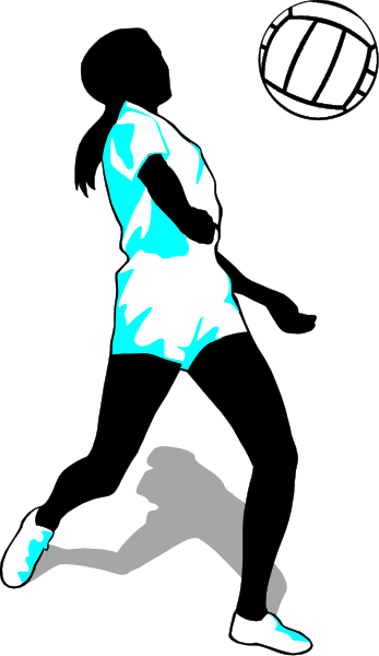 The image shows a black and white silhouette of an athlete playing volleyball with two hands raised above their head in front of them as if serving or spiking the ball.
