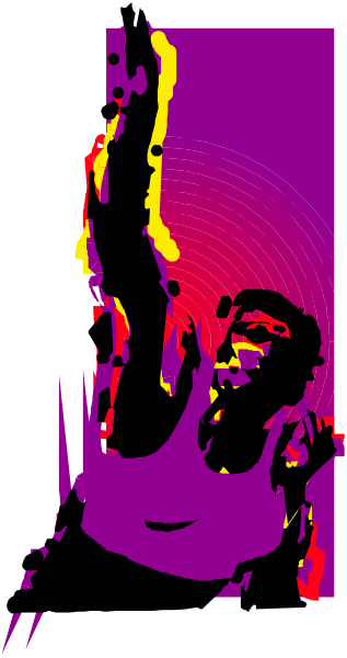 The image shows a purple background with an abstract figure that appears to be holding something up high on its right side; it's difficult to discern specific details due to the abstraction of both coloring and form, but there is no text present in this clip-art style illustration.