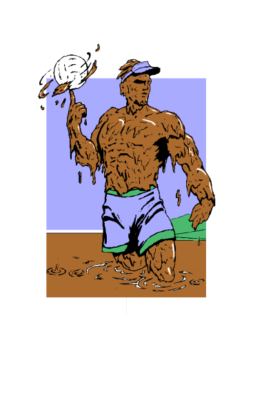 The image shows a cartoon of an athlete holding a sports ball while standing on what appears to be sandy ground with palm trees in the background; he is wearing shorts and has muscular build.