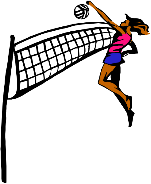 The black and white illustration shows a female volleyball player jumping to hit an overhead ball with her hand while wearing shorts; she is in mid-air above what appears to be a net on a court, which has lines indicating boundaries for play.