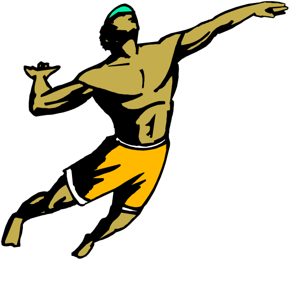 The image shows a black silhouette of an athlete leaping into action with outstretched arms against a white background on top half and bottom half is missing in middle part.