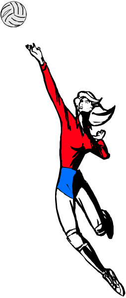 The black and white illustration shows a volleyball player serving with an outstretched arm against a dark background.