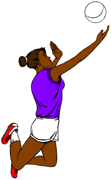 The image shows a female volleyball player jumping to hit an overhead ball with her hand while wearing shorts and sneakers; she is in mid-air against a dark background that has no distinct features other than being black, which contrasts sharply with her purple shirt and white pants.