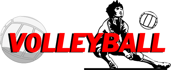 The image shows a black background with white text at top that reads "VOLLEYBALL" followed by three volleyballs in mid-air against red backdrop on bottom right corner of photo.
