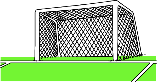 The image shows a black and white pixelated soccer goal with netting on it against an outdoor background that is too small to discern details of its surroundings.