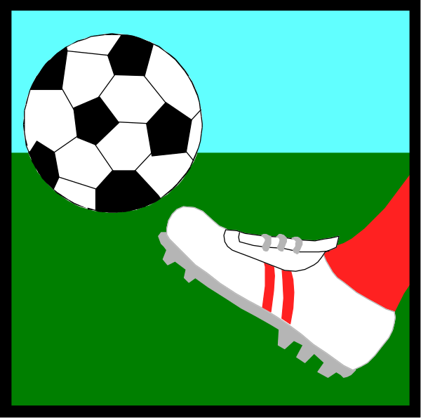 The image shows a soccer ball on top of green grass with two feet wearing red socks kicking it towards an illustrated white cleat shoe in mid-air against a blue sky background; there is no text present within this clipart illustration.