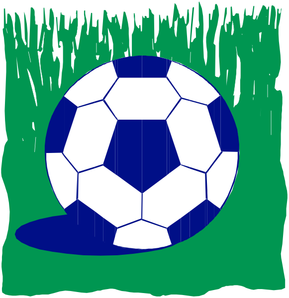 The image shows a soccer ball on top of grass with raindrops falling from it to two separate images below: 1) A close-up view where only the bottom half is visible; 2) An overhead shot showing both halves, one above and another beneath the soccer ball in different positions. There are no texts or other objects present within this image set. The style of art appears cartoonish with a limited color palette consisting mainly of shades of blue for the sky backgrounds and green for grassy areas.