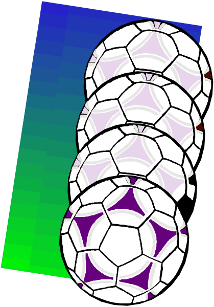 The image shows a collection of soccer balls stacked on top of each other against a blue background with white stripes at the bottom edge.