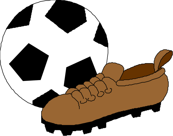 The image shows a cartoon of soccer shoes with cleats next to them on top of what appears to be an object resembling a shoe box, which is placed in front of two black silhouettes that represent people's legs and feet wearing socks; above these figures are the words "Soccer Shoes" written.