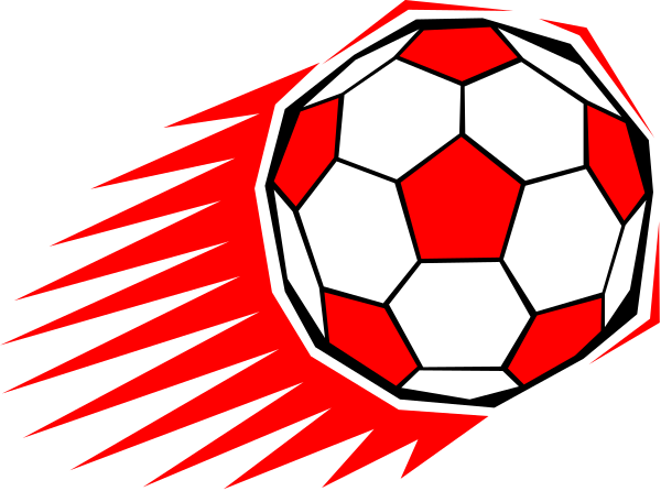 The image shows a soccer ball with red pentagons forming its panels inside an abstract black border that resembles motion lines around it; there is no text present in this clip-art illustration of sports equipment and design elements commonly associated with football culture, such as speed or movement.