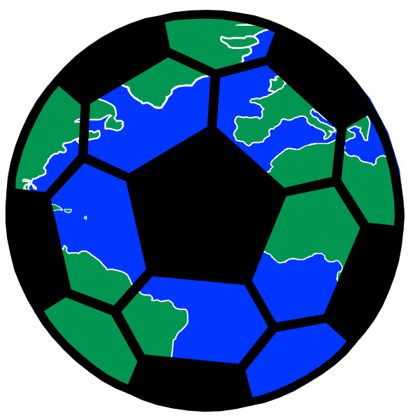 The image shows a soccer ball with a world map on it inside of another circle that has blue hexagons representing countries in white text against black background.