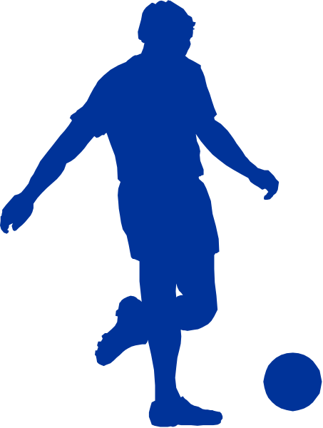 The image shows a silhouette of an athlete playing soccer on what appears to be a field with goalposts visible in the background; there is no text present within this clip-art illustration.