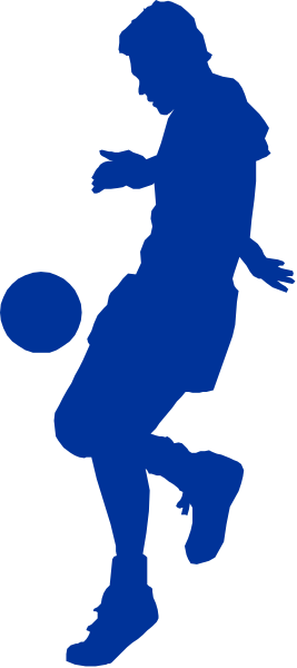 The image shows a blue silhouette of an athlete running on what appears to be a track with stripes behind them against a gray background.