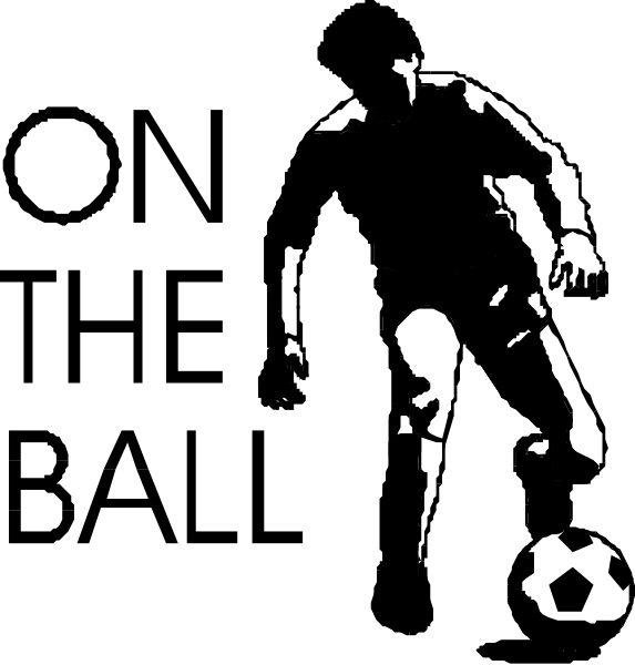 The black and white silhouette of a soccer player kicking a ball on top of another person's head while riding a bicycle with one foot in front of it.