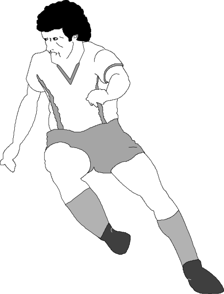 The black and white illustration shows a soccer player mid-action on what appears to be an outdoor field during daylight hours; he is wearing shorts with stripes down each leg, socks that reach just above his knees, shin guards, cleats, and has one foot in the air while running.