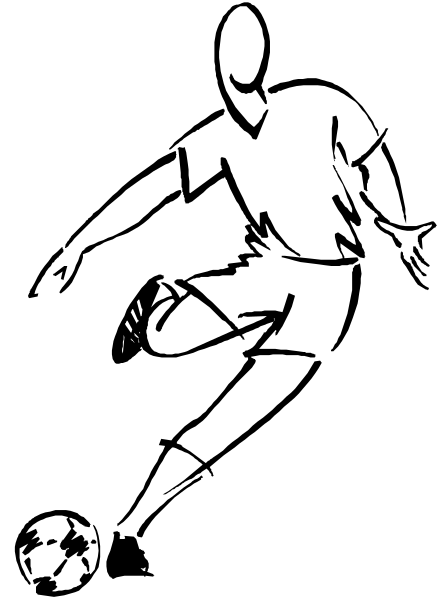 The black and white silhouette of a soccer player kicking a ball on what appears to be an outdoor field with goalposts in background.