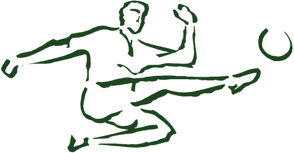 The image shows a black and white silhouette of an athlete performing gymnastics on what appears to be balance beam equipment with one hand touching their head in concentration while executing a move; there is no text present, indicating that it might not have been intended for use as part of the original artwork.
