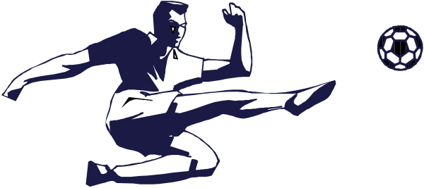 The black and white silhouette of a soccer player kicking a ball on top of his head while standing with legs apart in an athletic pose against a dark background.