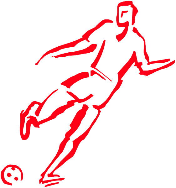 The image shows a red silhouette of an athlete playing soccer with a ball on what appears to be a court surface.