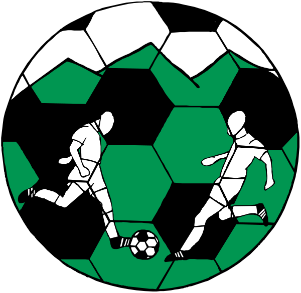 The image shows a black and white illustration of two soccer players kicking balls towards each other with mountains forming an arch above them in the background.