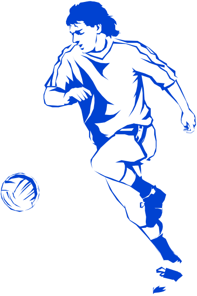 The image shows a soccer player mid-action kicking a ball on an outdoor field with grassy terrain under clear skies during daylight hours.