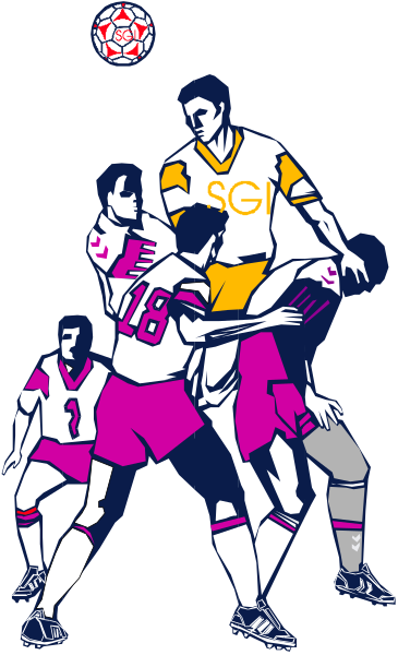 The illustration depicts a group of soccer players on an outdoor field during what appears to be a match; there is no visible text in this image.