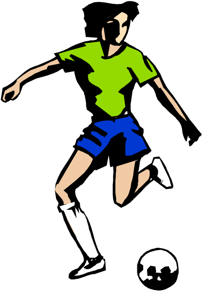 The black and white illustration depicts a soccer player wearing blue shorts kicking a ball on what appears to be an outdoor field with grassy areas around it.