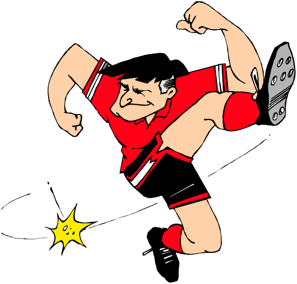 The cartoon depicts a soccer player performing an action pose with his leg extended outward while holding onto something that looks like a ball in one hand; he is wearing shorts and cleats typical of sports attire, suggesting motion as if kicking the object away from him or preparing to kick it towards another direction.