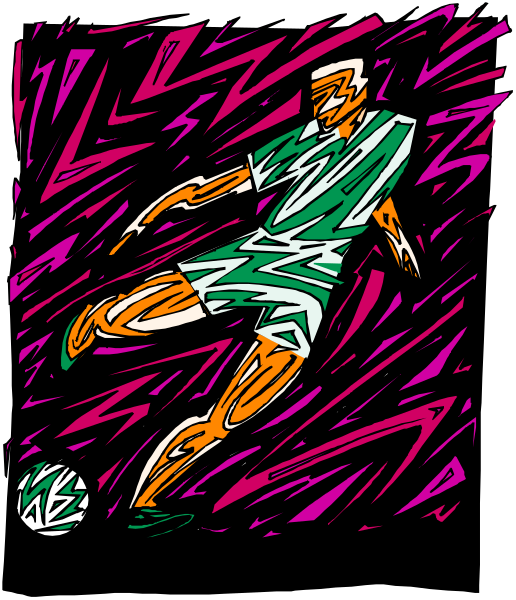 The image shows a soccer player kicking a ball on an abstract background with colorful patterns resembling neon lights.