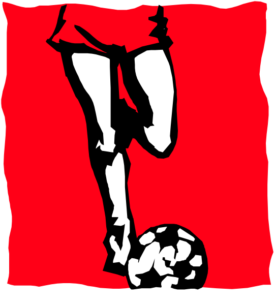 The image shows a red soccer ball with white pentagons on it being kicked by an animated female figure who is wearing shorts and has one foot raised in mid-kick against a black background.