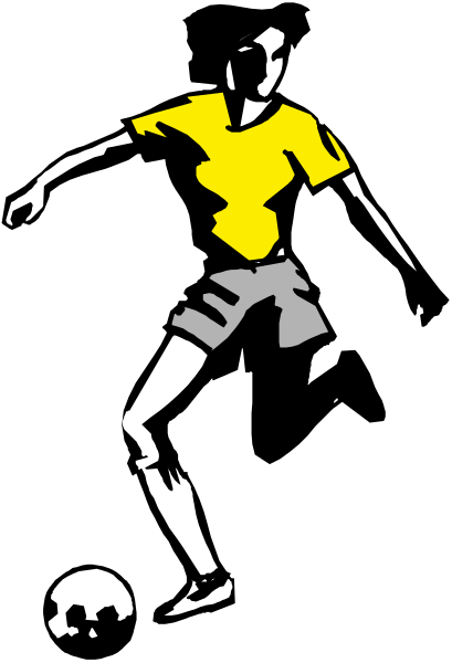 The black and white illustration shows a soccer player kicking a ball on what appears to be an outdoor field with goalposts in background.