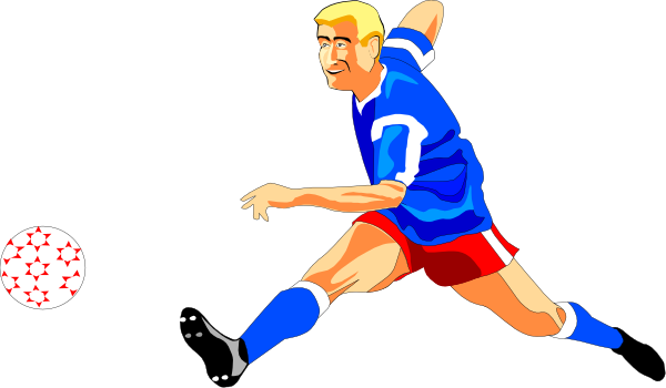 The image shows a soccer player kicking balls on a field with his leg extended forward while wearing blue shorts; he is looking down at one of three sports balls in motion around him.