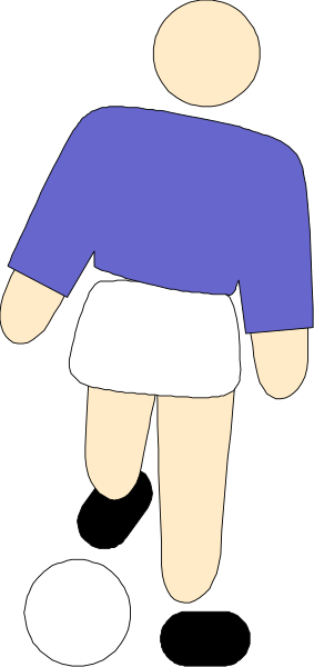 The image shows a cartoon of an animated soccer player with blue shorts on top of what appears to be a black-and-white background.